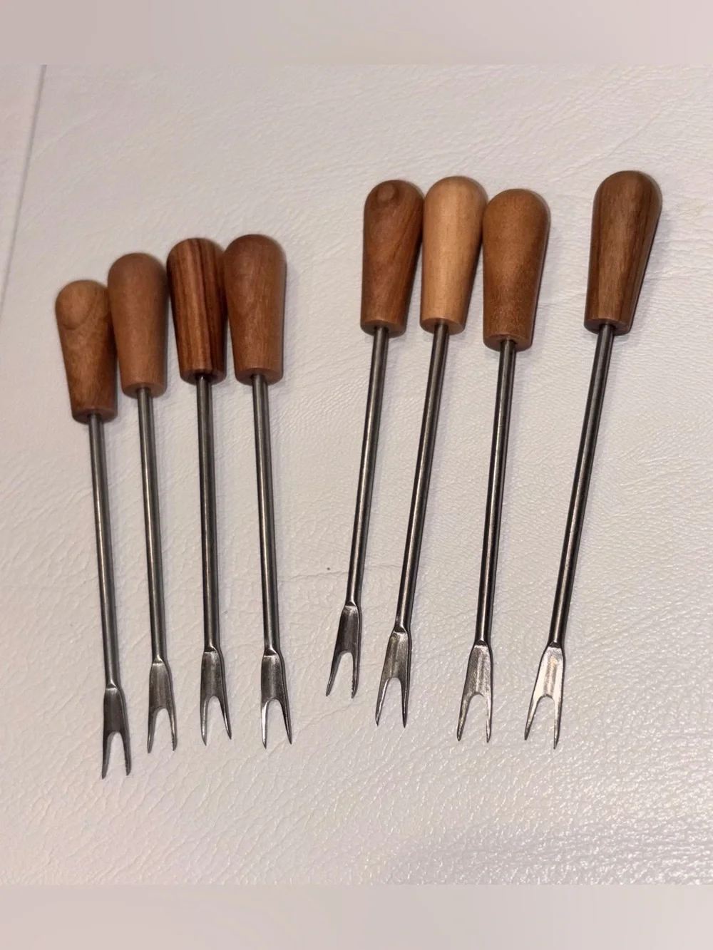 NWT “Sur La Table” (8) Olive Wood Handle w/ stainless steel DBL pronged picks